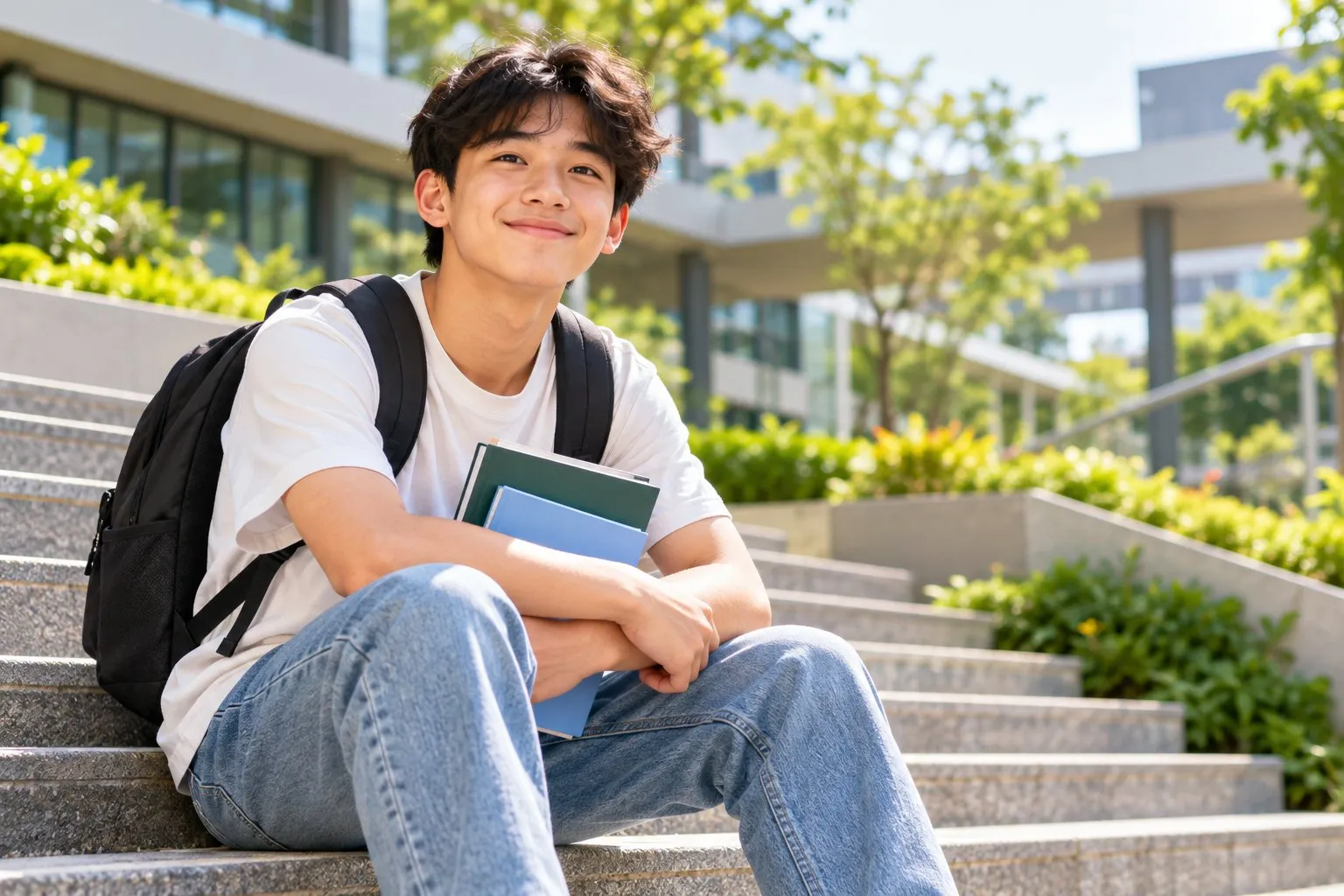 A cheerful teenage student with a backpack sitting on outdoor campus steps