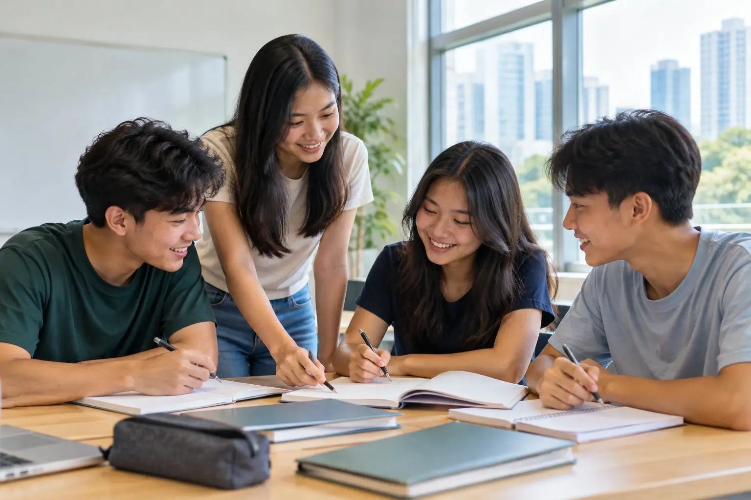 A small group of teenage students working together around a table with notebooks