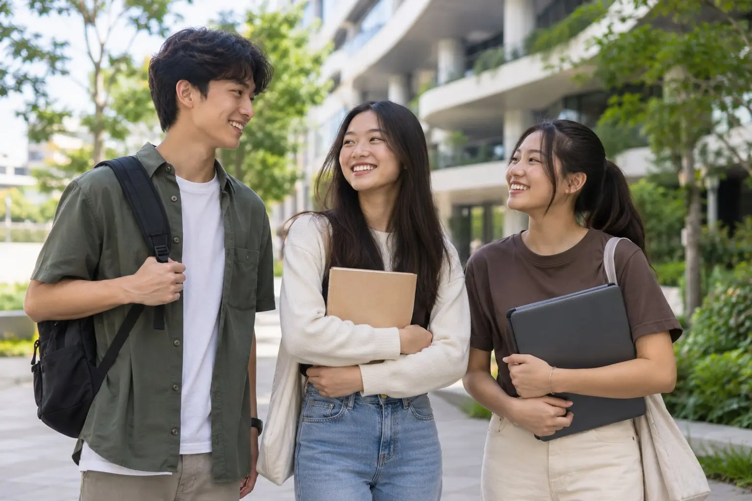 Three teenage students standing together outdoors near a modern campus
