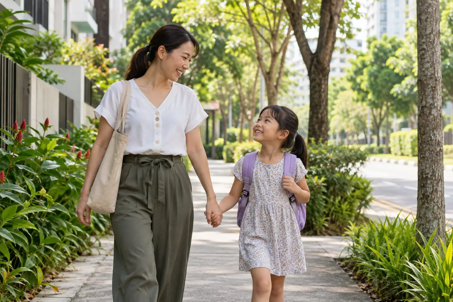 A parent and a young child with a small backpack walking together along a tree-lined path in the morning