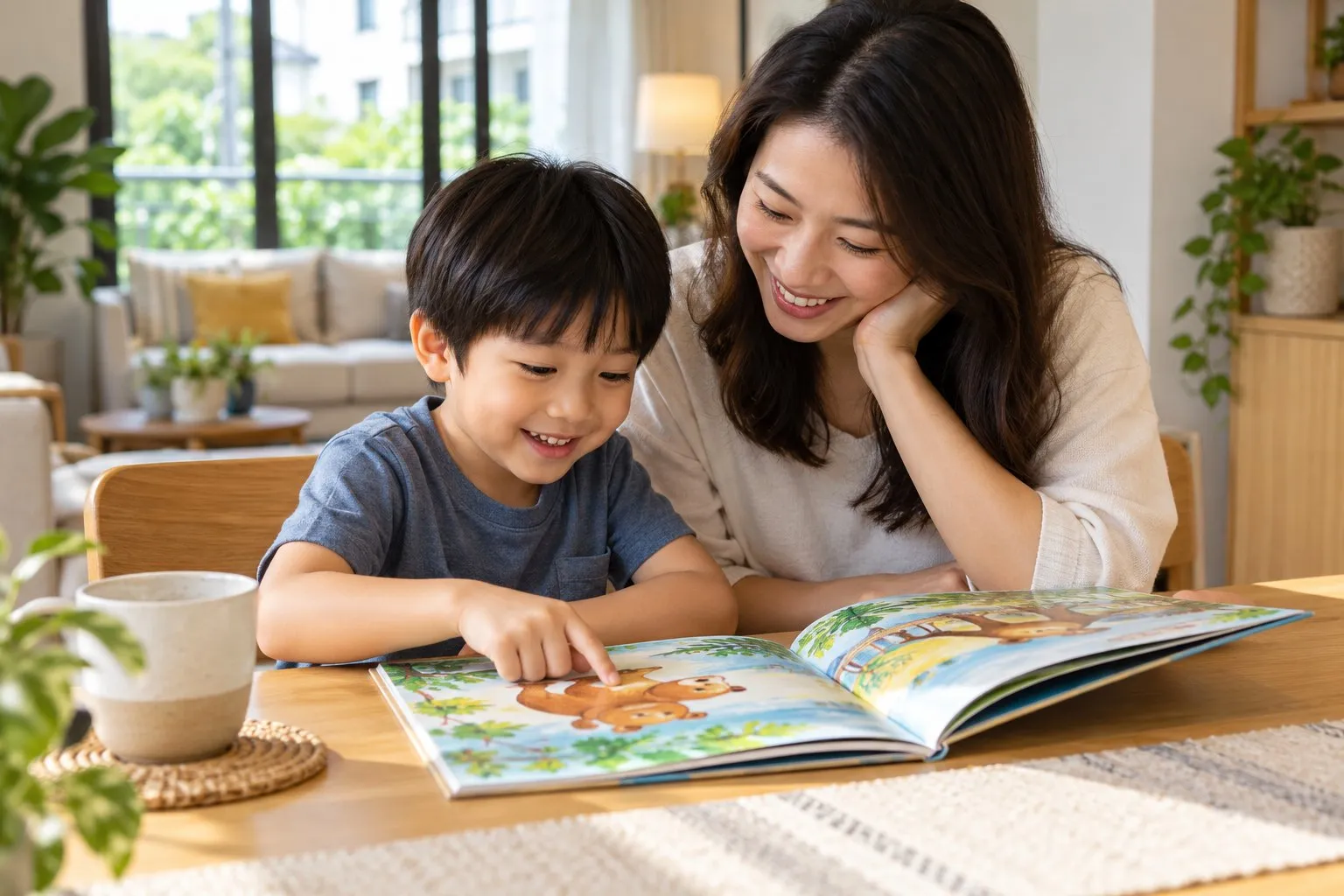 A parent and a young child reading a colourful picture storybook together at a dining table at home