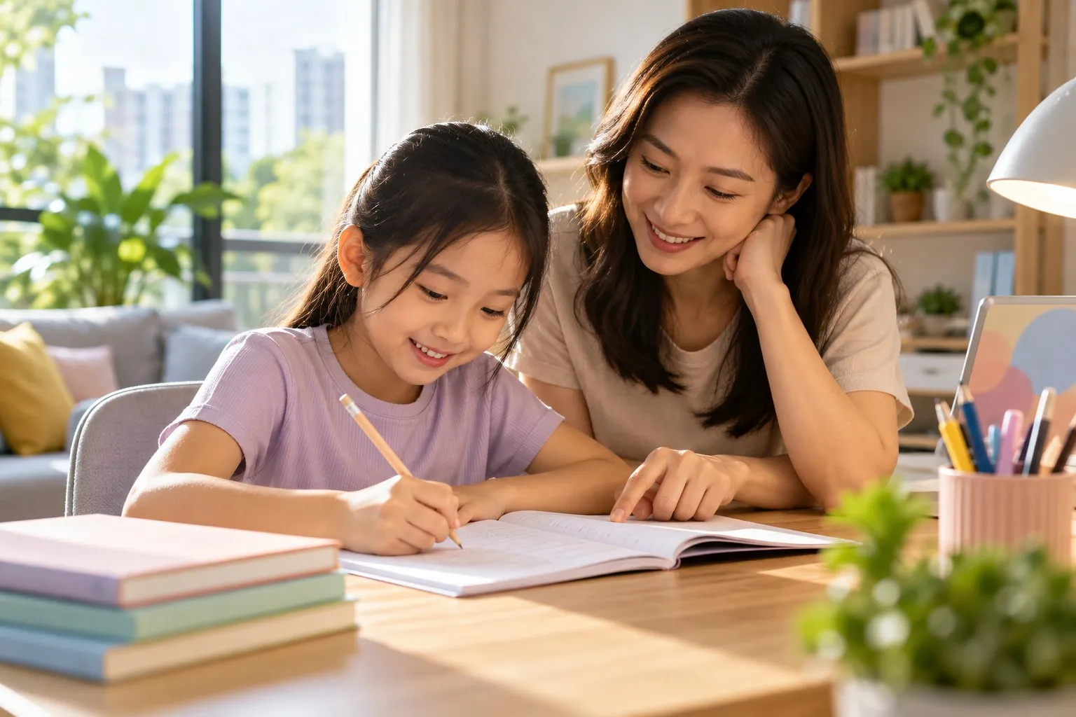 A primary-school-age child writing in an exercise book at a study desk while a parent helps